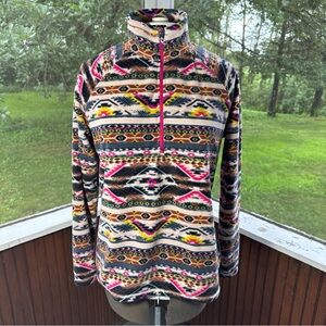 EDDIE BAUER Fleece Pullover 1/4 Zip Southwest Aztec Ivory Brown Pink Womens XL